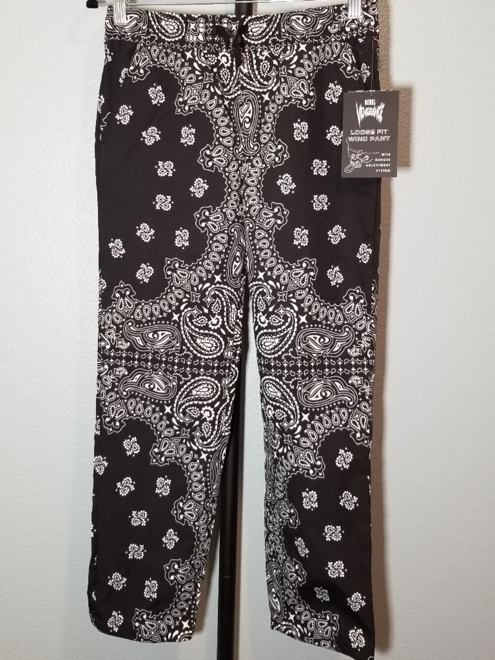 Rebel Vengeance Wind Pants Womens M 10-12 Black White Paisley Festival Goth Punk